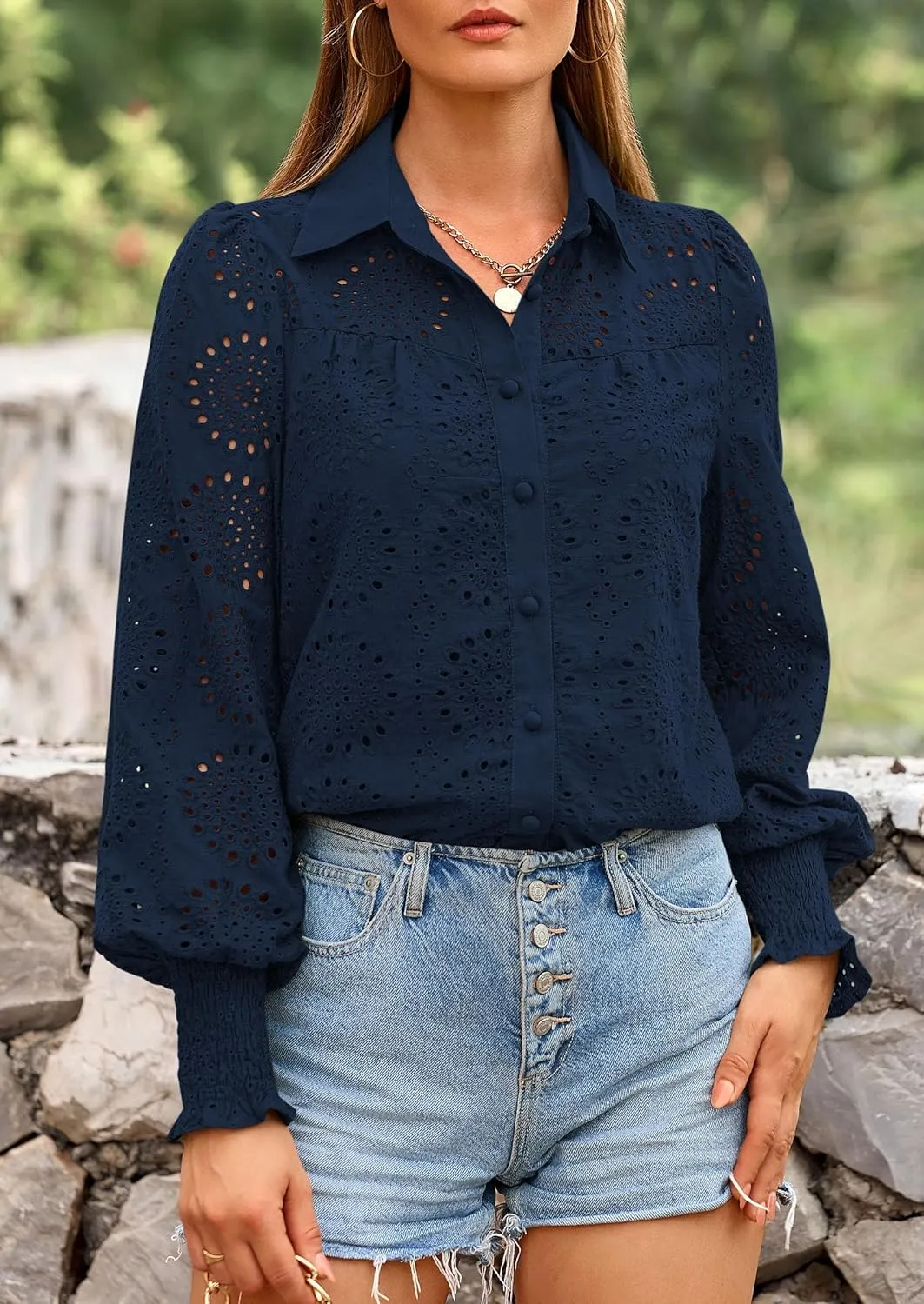 PRETTYGARDEN Women's Spring Button Down Shirts Dressy Casual Fall Long Puff Sleeve Eyelet Loose Fit Collared Blouse Top