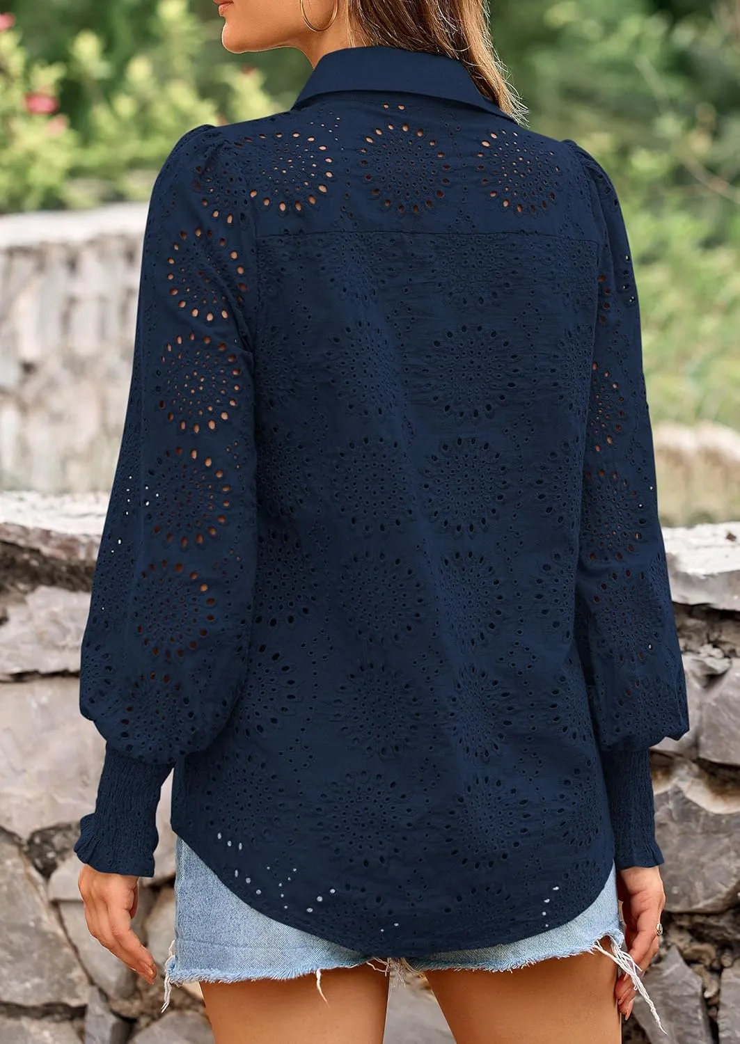 PRETTYGARDEN Women's Spring Button Down Shirts Dressy Casual Fall Long Puff Sleeve Eyelet Loose Fit Collared Blouse Top