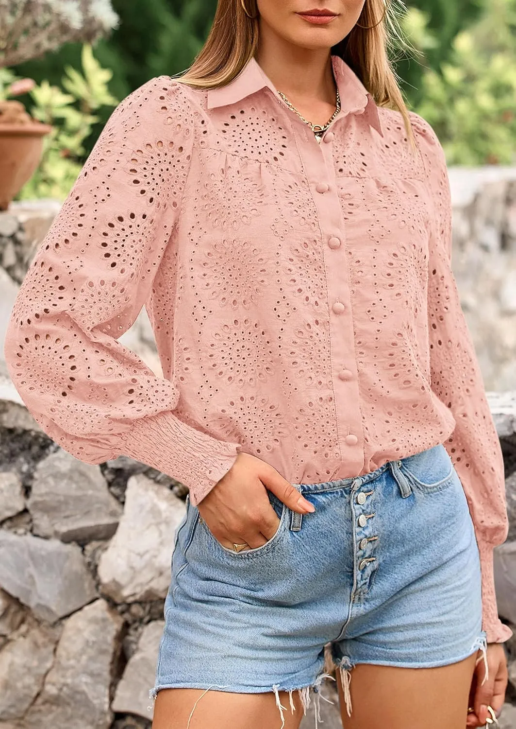PRETTYGARDEN Women's Spring Button Down Shirts Dressy Casual Fall Long Puff Sleeve Eyelet Loose Fit Collared Blouse Top