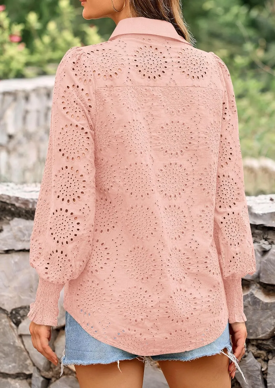 PRETTYGARDEN Women's Spring Button Down Shirts Dressy Casual Fall Long Puff Sleeve Eyelet Loose Fit Collared Blouse Top
