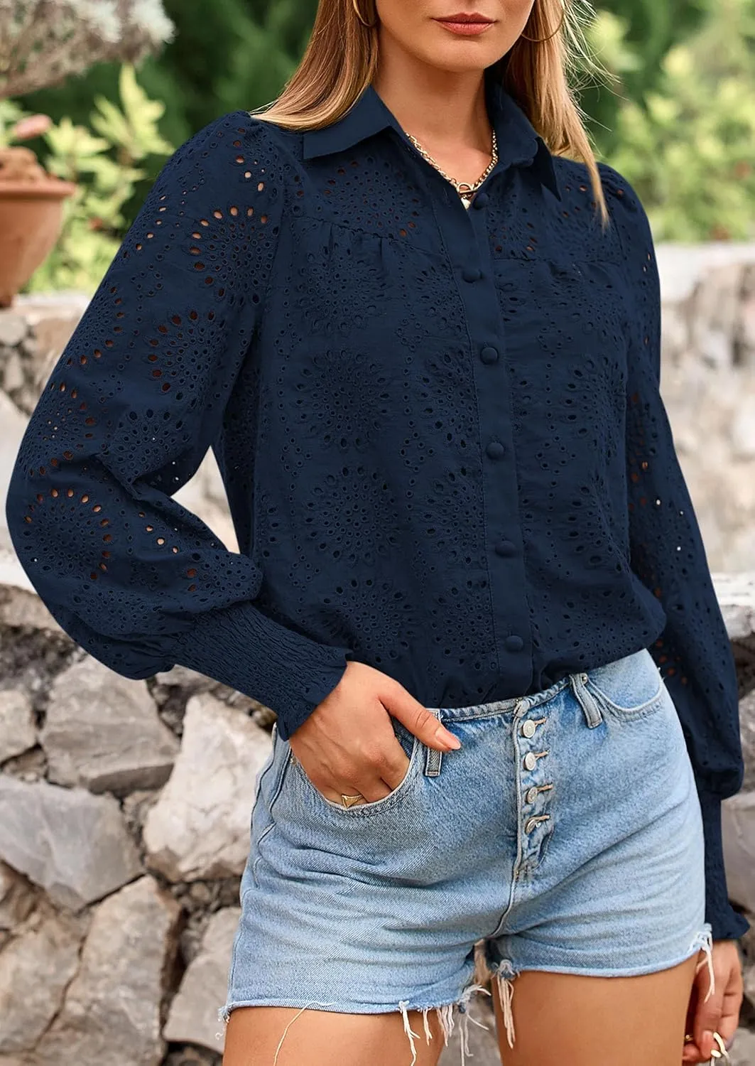 PRETTYGARDEN Women's Spring Button Down Shirts Dressy Casual Fall Long Puff Sleeve Eyelet Loose Fit Collared Blouse Top
