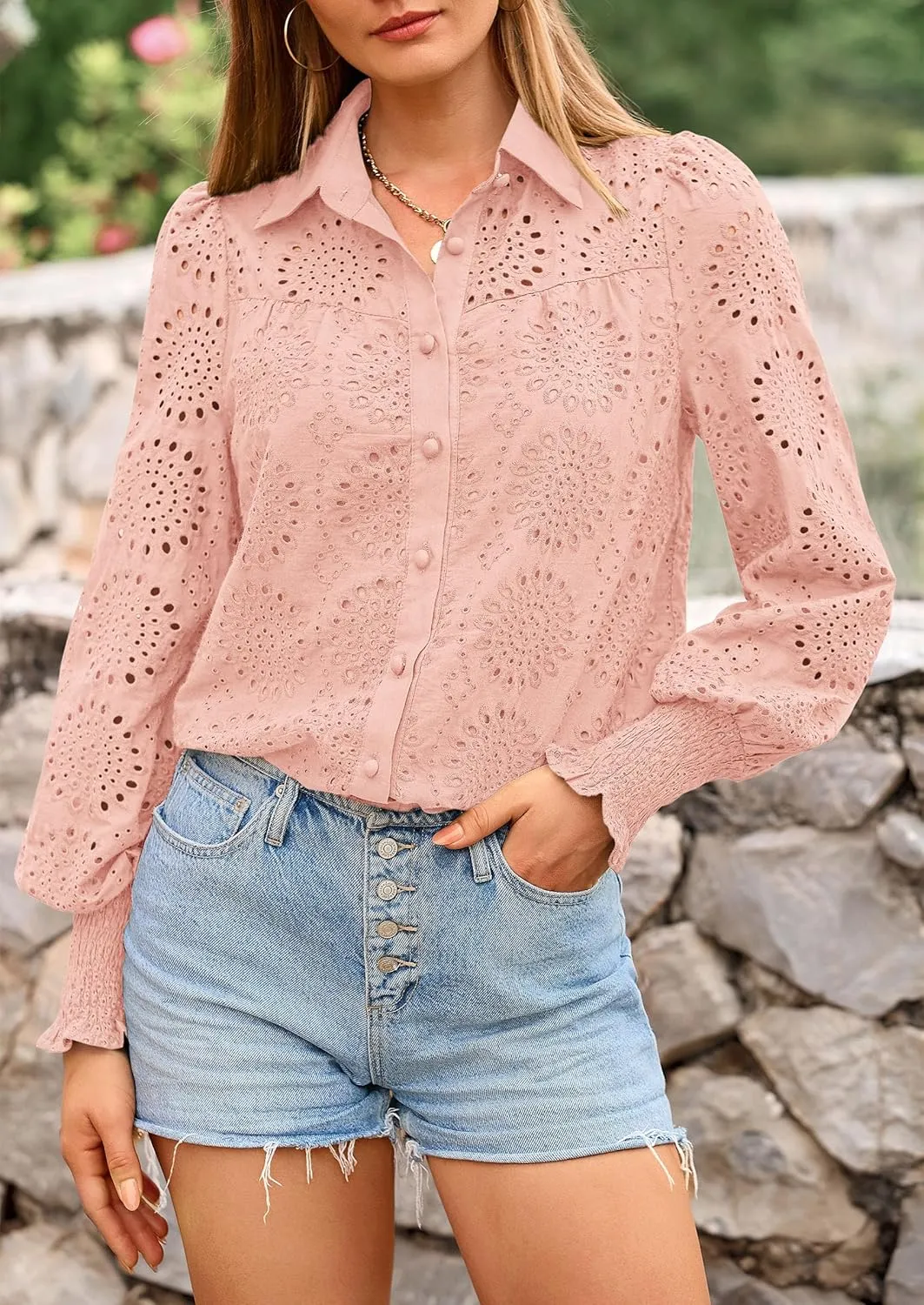 PRETTYGARDEN Women's Spring Button Down Shirts Dressy Casual Fall Long Puff Sleeve Eyelet Loose Fit Collared Blouse Top