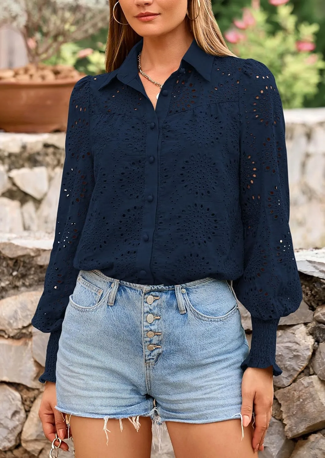 PRETTYGARDEN Women's Spring Button Down Shirts Dressy Casual Fall Long Puff Sleeve Eyelet Loose Fit Collared Blouse Top