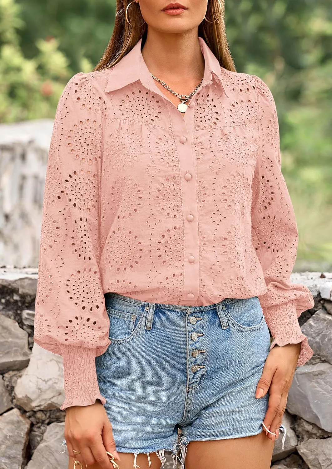 PRETTYGARDEN Women's Spring Button Down Shirts Dressy Casual Fall Long Puff Sleeve Eyelet Loose Fit Collared Blouse Top