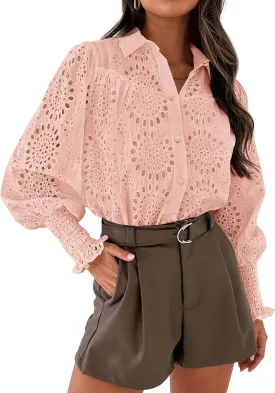 PRETTYGARDEN Women's Spring Button Down Shirts Dressy Casual Fall Long Puff Sleeve Eyelet Loose Fit Collared Blouse Top