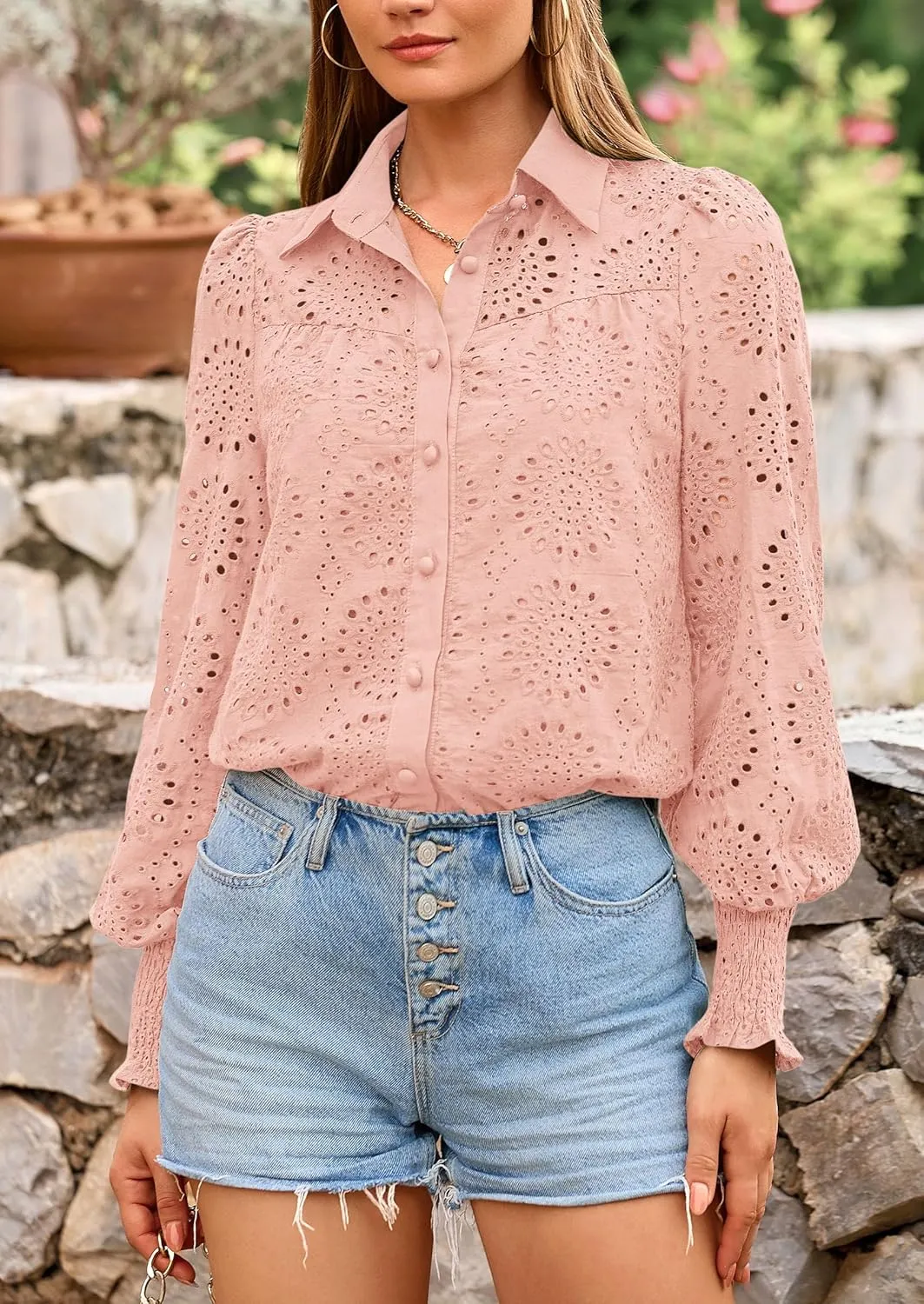 PRETTYGARDEN Women's Spring Button Down Shirts Dressy Casual Fall Long Puff Sleeve Eyelet Loose Fit Collared Blouse Top