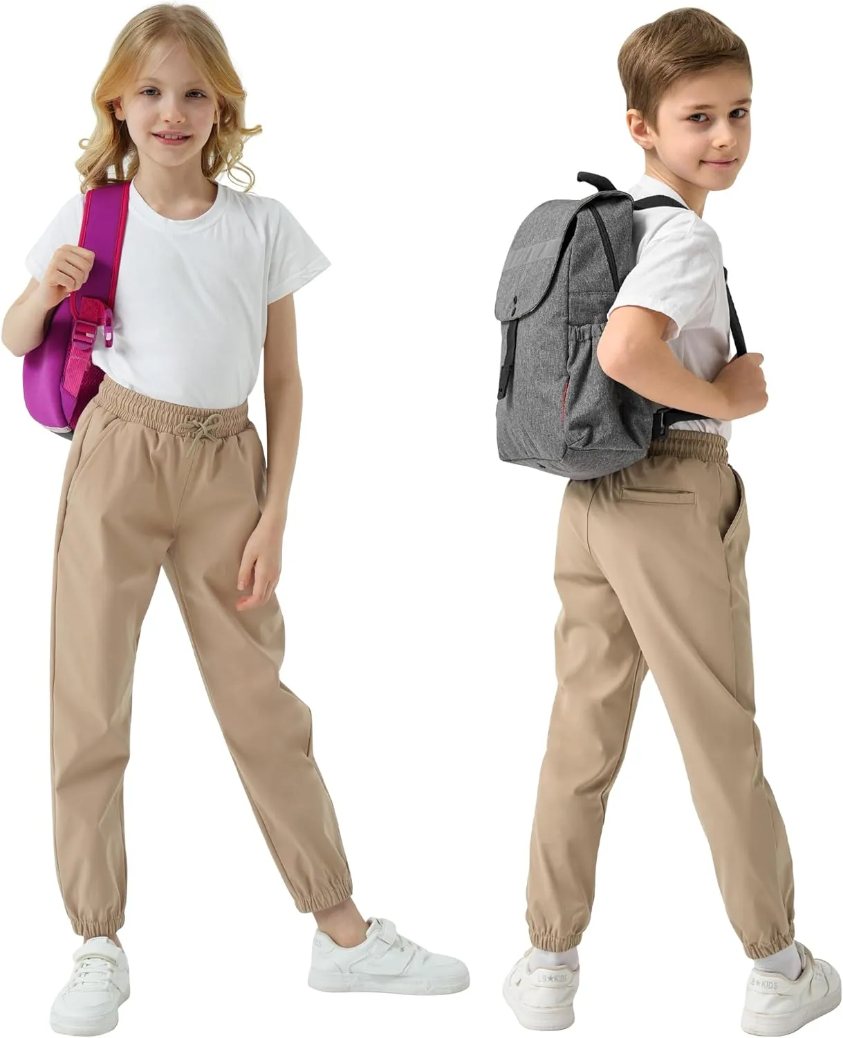 QBK School Uniform Pants for Boys & Girls 3T-16, Elastic Waist & Drawstring Joggers, Water-Repellent and 3 Pockets