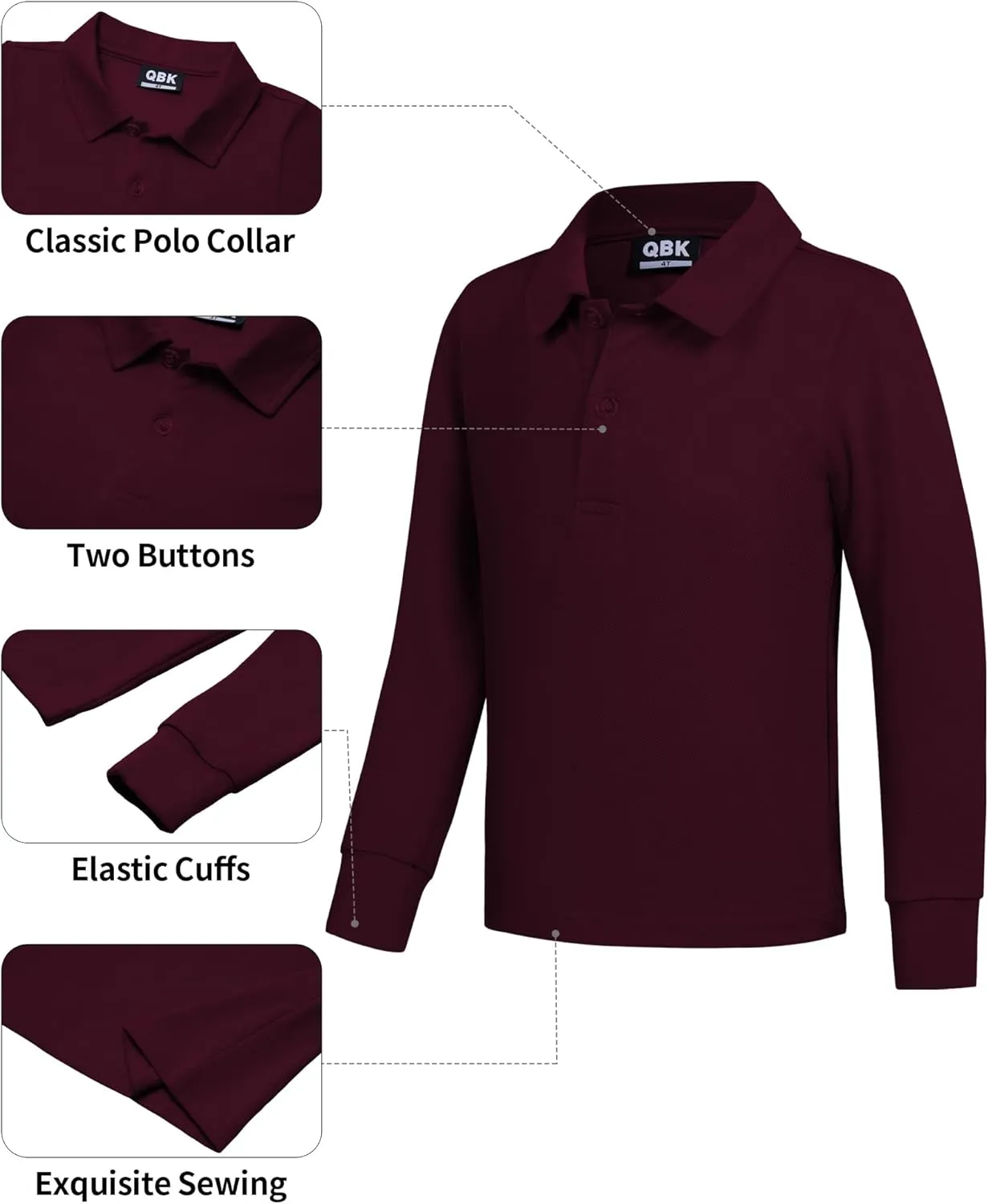 QBK Toddler to Youth Boys' School Uniform Pique Polo Shirts Kids Long Sleeve Collared Golf Shirt