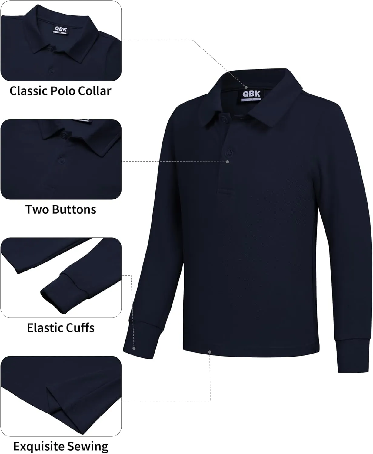 QBK Toddler to Youth Boys' School Uniform Pique Polo Shirts Kids Long Sleeve Collared Golf Shirt