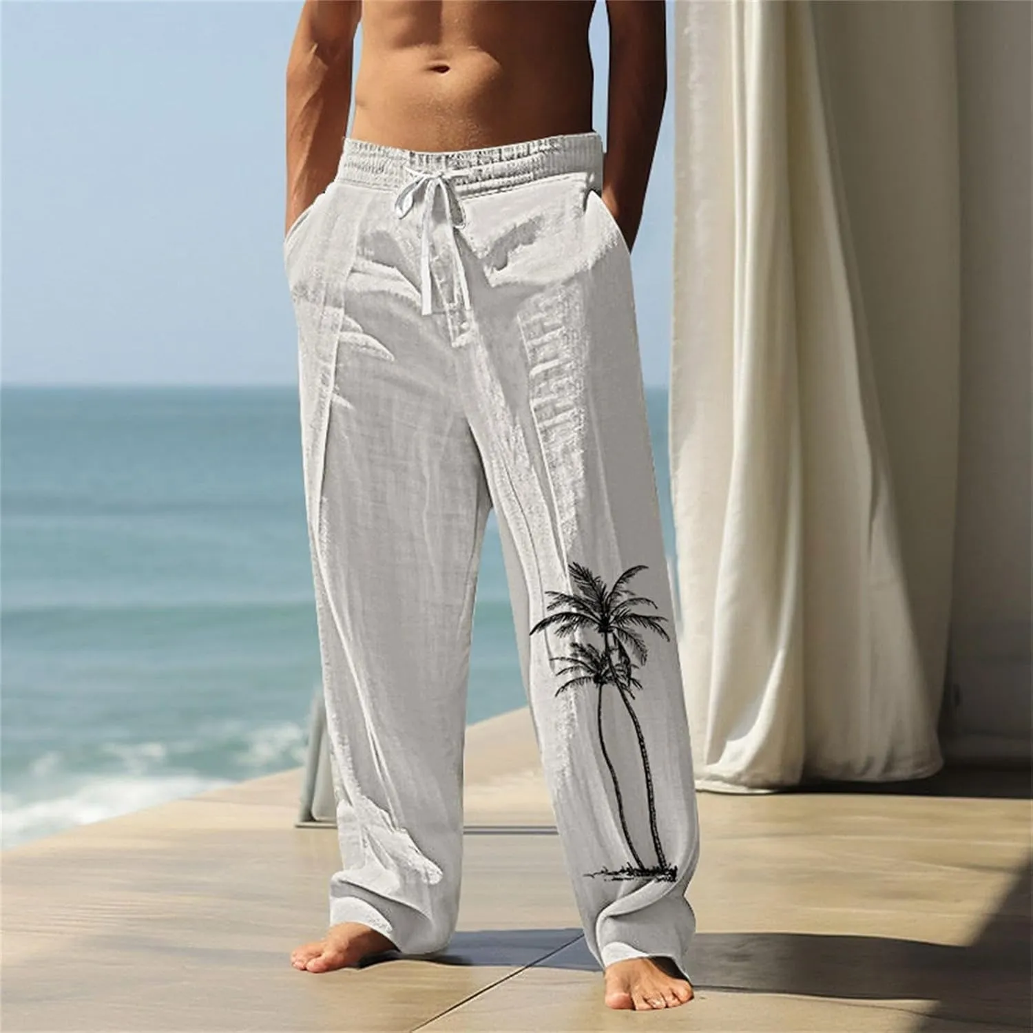 Relaxed Fit Hawaiian Tropical Leaf Pants for Men Lightweight Beach Sweatpants Comfy Lounge Graphic Vacation Drawstring