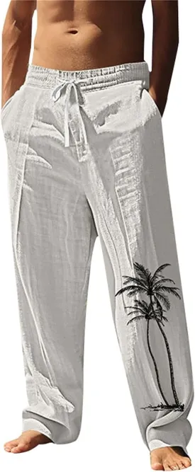 Relaxed Fit Hawaiian Tropical Leaf Pants for Men Lightweight Beach Sweatpants Comfy Lounge Graphic Vacation Drawstring