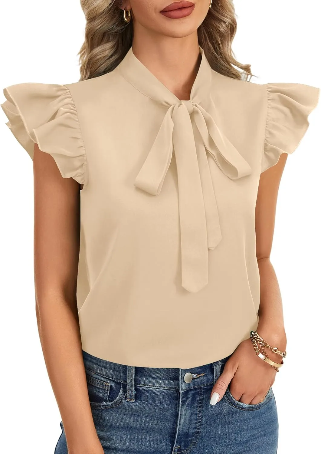 Rooscier Women's Bow Tie Neck Ruffle Cap Sleeve Elegant Office Blouse Shirt Tops