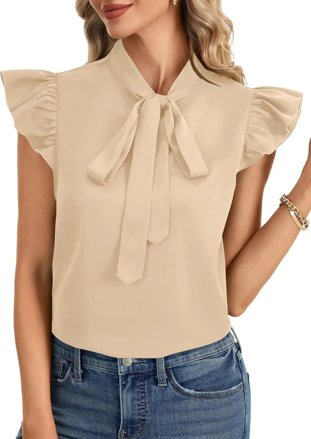 Rooscier Women's Bow Tie Neck Ruffle Cap Sleeve Elegant Office Blouse Shirt Tops