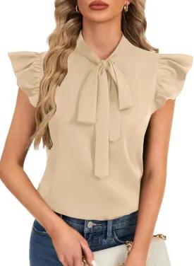Rooscier Women's Bow Tie Neck Ruffle Cap Sleeve Elegant Office Blouse Shirt Tops