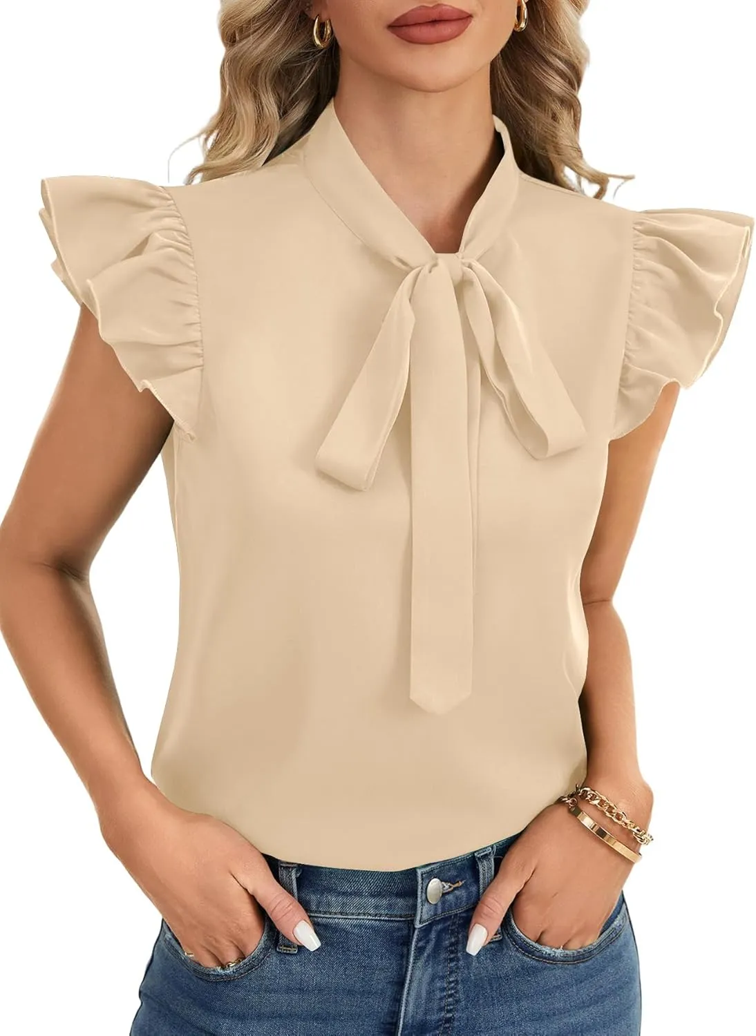 Rooscier Women's Bow Tie Neck Ruffle Cap Sleeve Elegant Office Blouse Shirt Tops