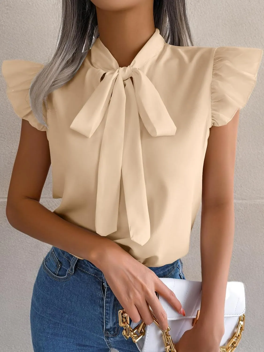 Rooscier Women's Bow Tie Neck Ruffle Cap Sleeve Elegant Office Blouse Shirt Tops