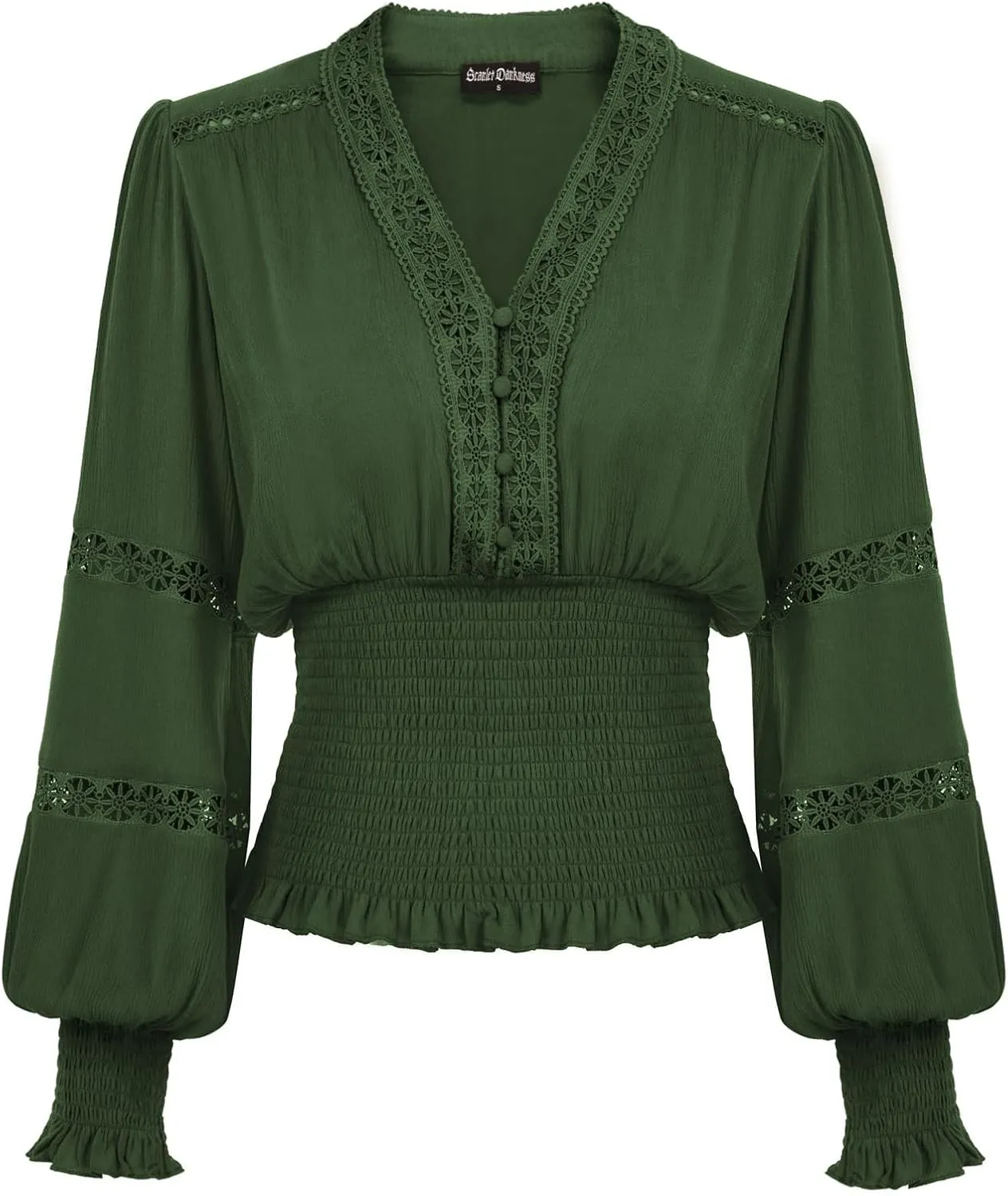 Scarlet Darkness Women's Renaissance Peasant Blouse V Neck Lantern Sleeve Lace Smocked Tops