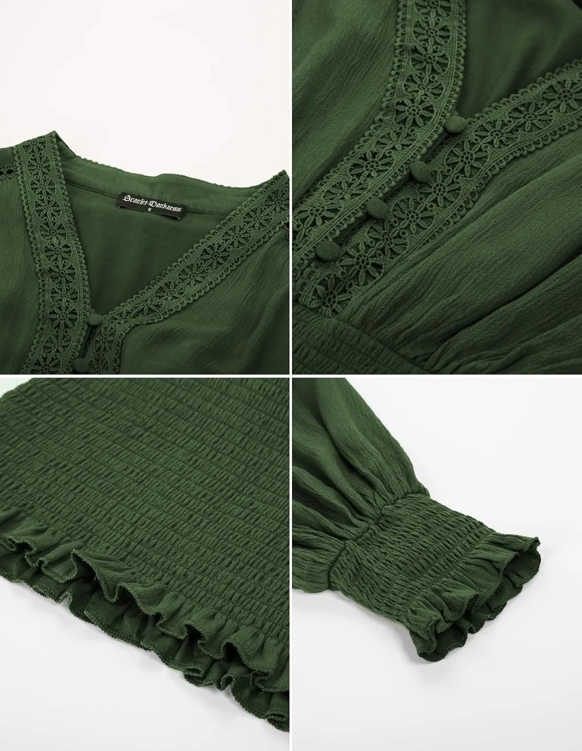 Scarlet Darkness Women's Renaissance Peasant Blouse V Neck Lantern Sleeve Lace Smocked Tops