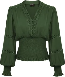 Scarlet Darkness Women's Renaissance Peasant Blouse V Neck Lantern Sleeve Lace Smocked Tops