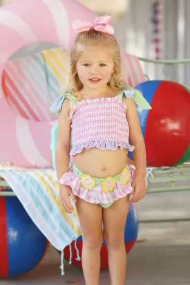 Seersucker Smocked Flower Applique Two Piece Swimsuit