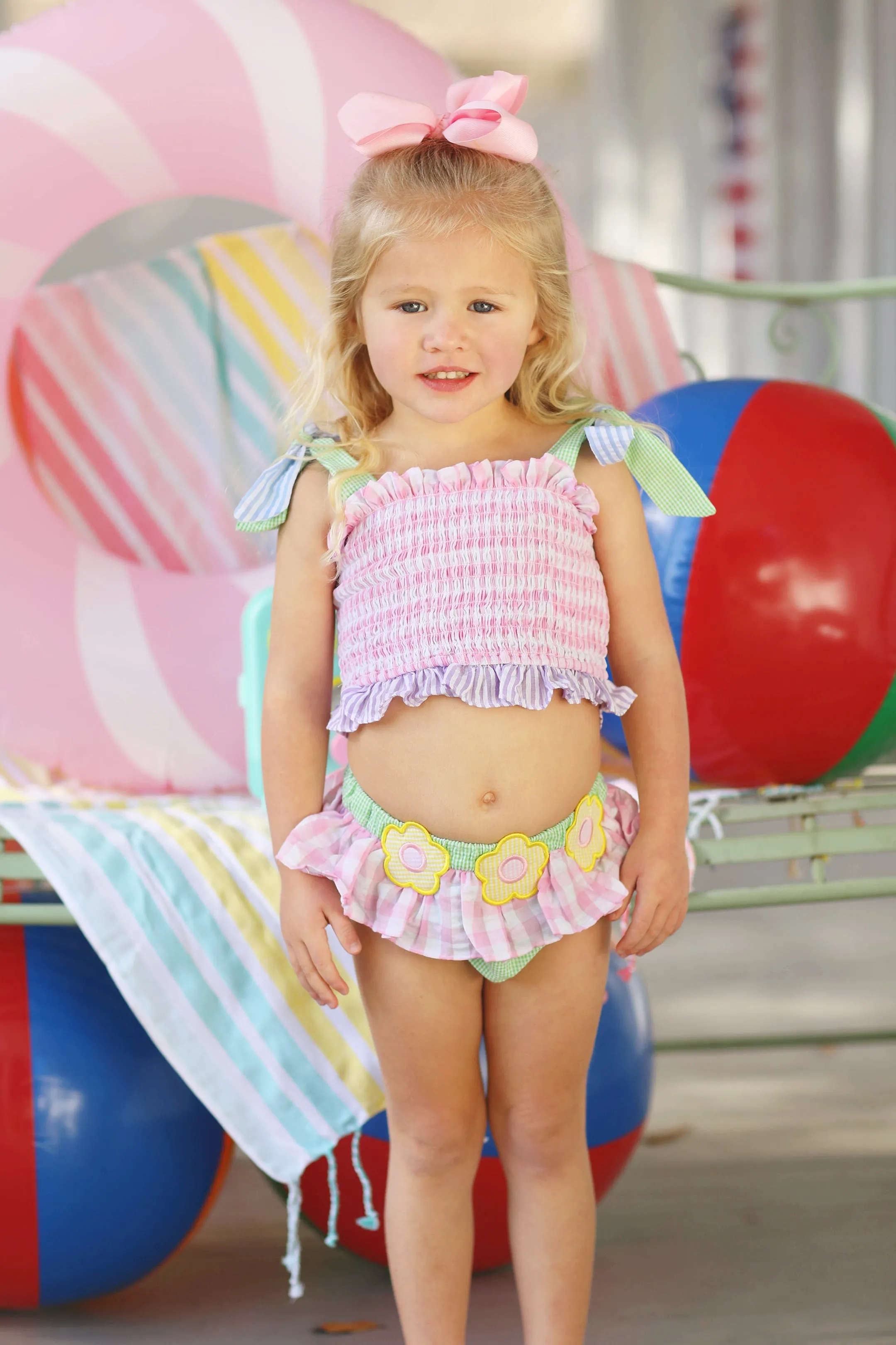 Seersucker Smocked Flower Applique Two Piece Swimsuit