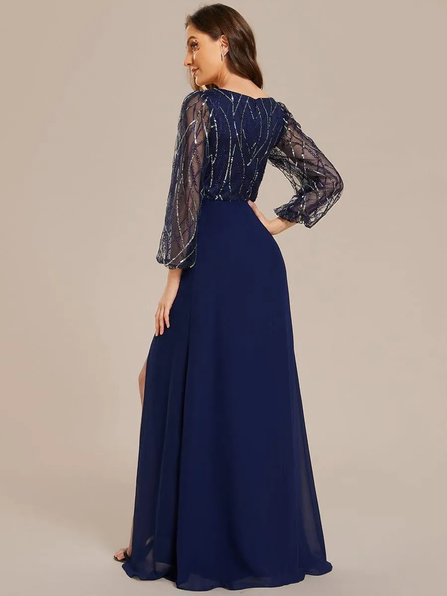 Sequin Long Sleeves A-Line V-Neck Floor-Length Evening Dress