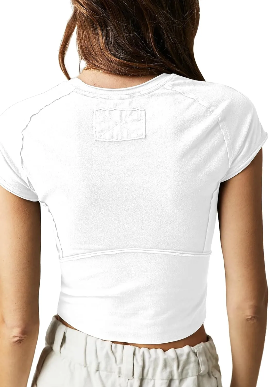 Slim Fit Crop Tops for Women Open Seam Splicing Short Sleeve Cotton T Shirts Workout Basic Clothing Tee Top 2025 Summer