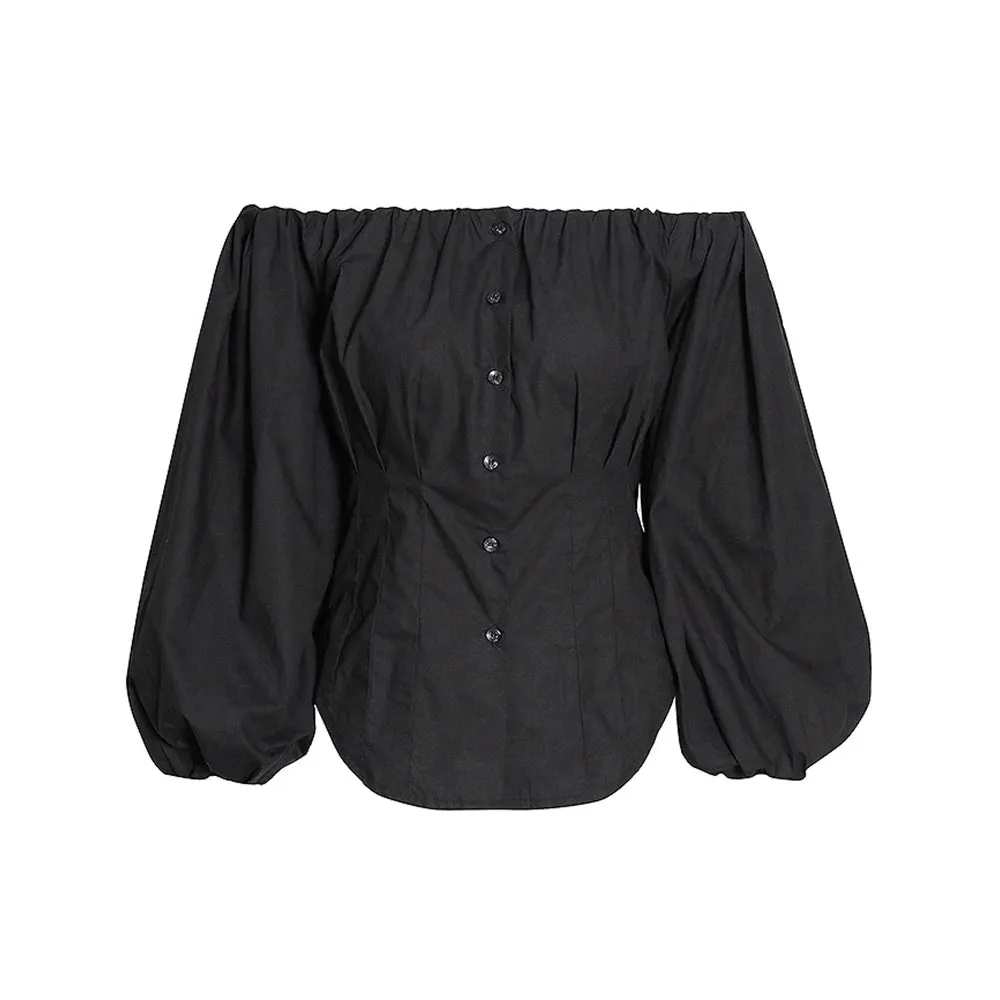 Solid Minimalist Patchwork Button Shirts For Women Slash Neck Off Shoulder Lantern Sleeve Temperament Slimming Shirt Female
