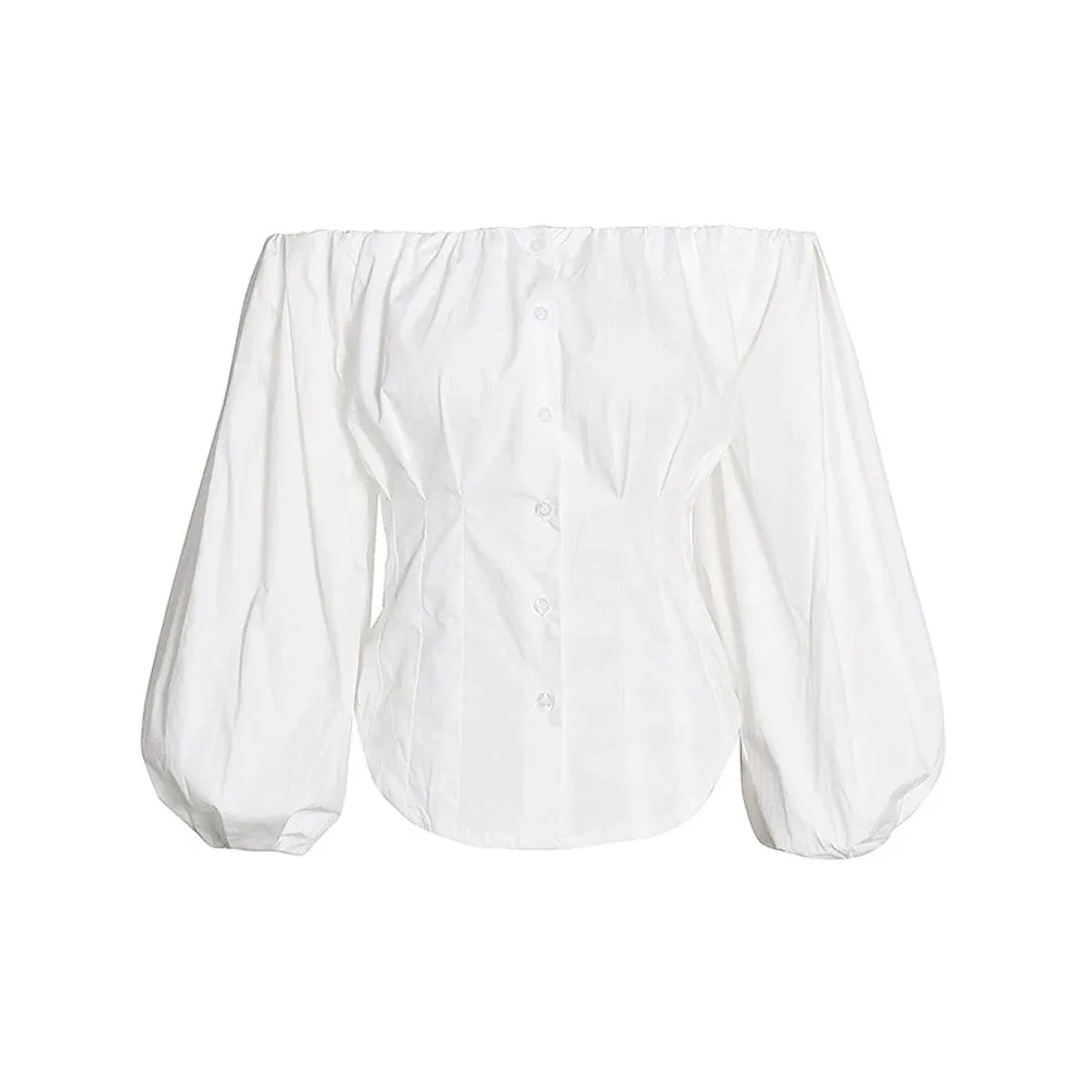 Solid Minimalist Patchwork Button Shirts For Women Slash Neck Off Shoulder Lantern Sleeve Temperament Slimming Shirt Female