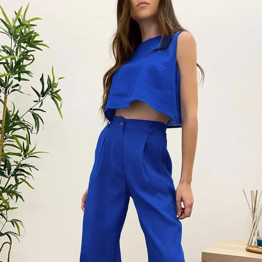 Solid Sleeveless Top Flare Pants Cotton Two Piece Set