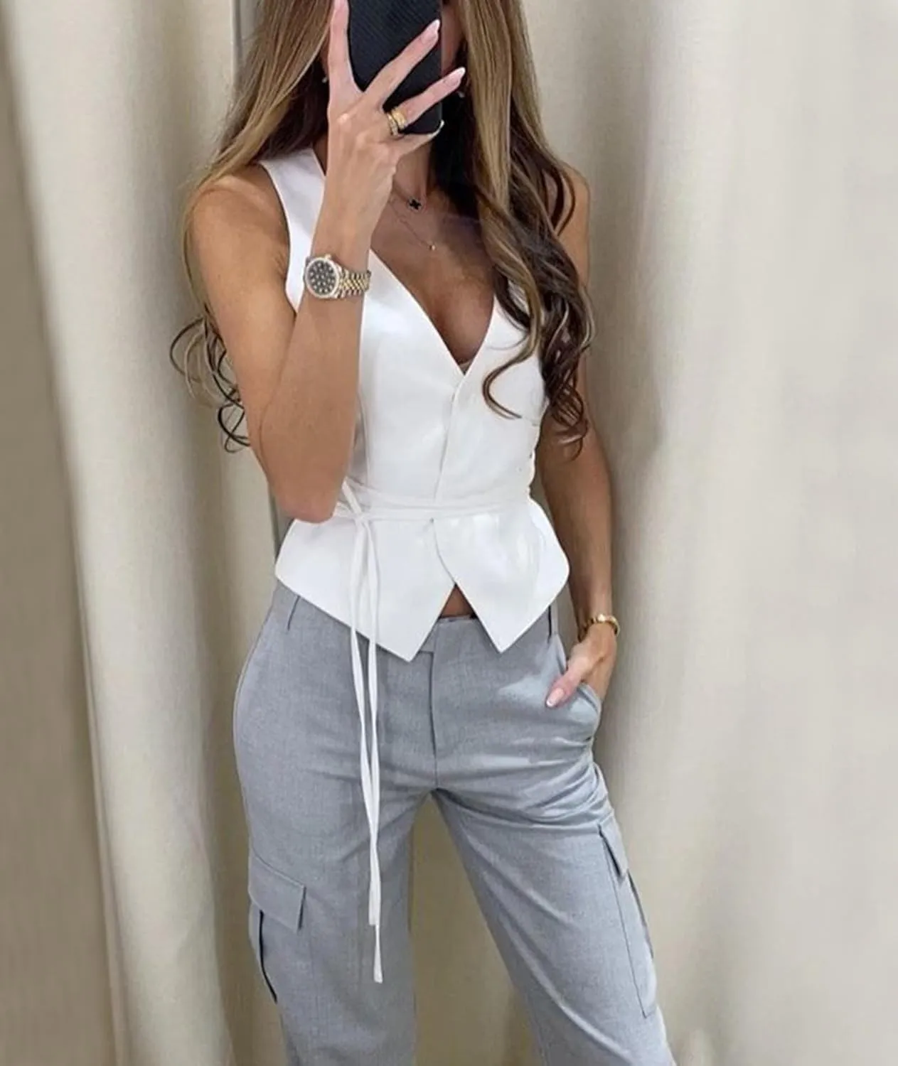 SOMTHRON Women's Sleeveless V Neck Blazer Vest Lace Up Button Down Suit Jacket Waistcoat Business Casual Tops