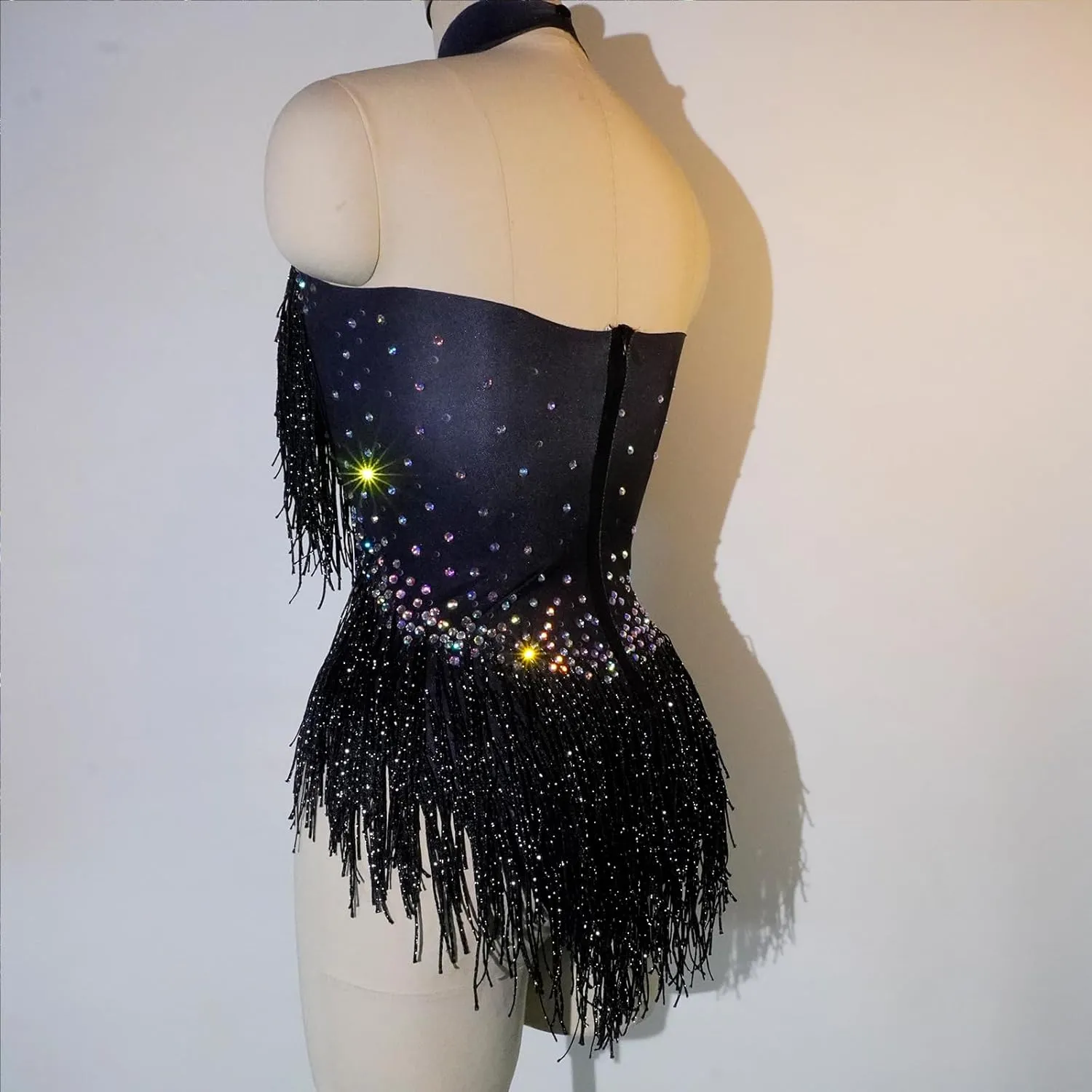Sparkly Diamante Fringe Bodysuit Women Sexy Dancer Leotard Celebrate Outfit Prom Bar Birthday Nightclub Costume