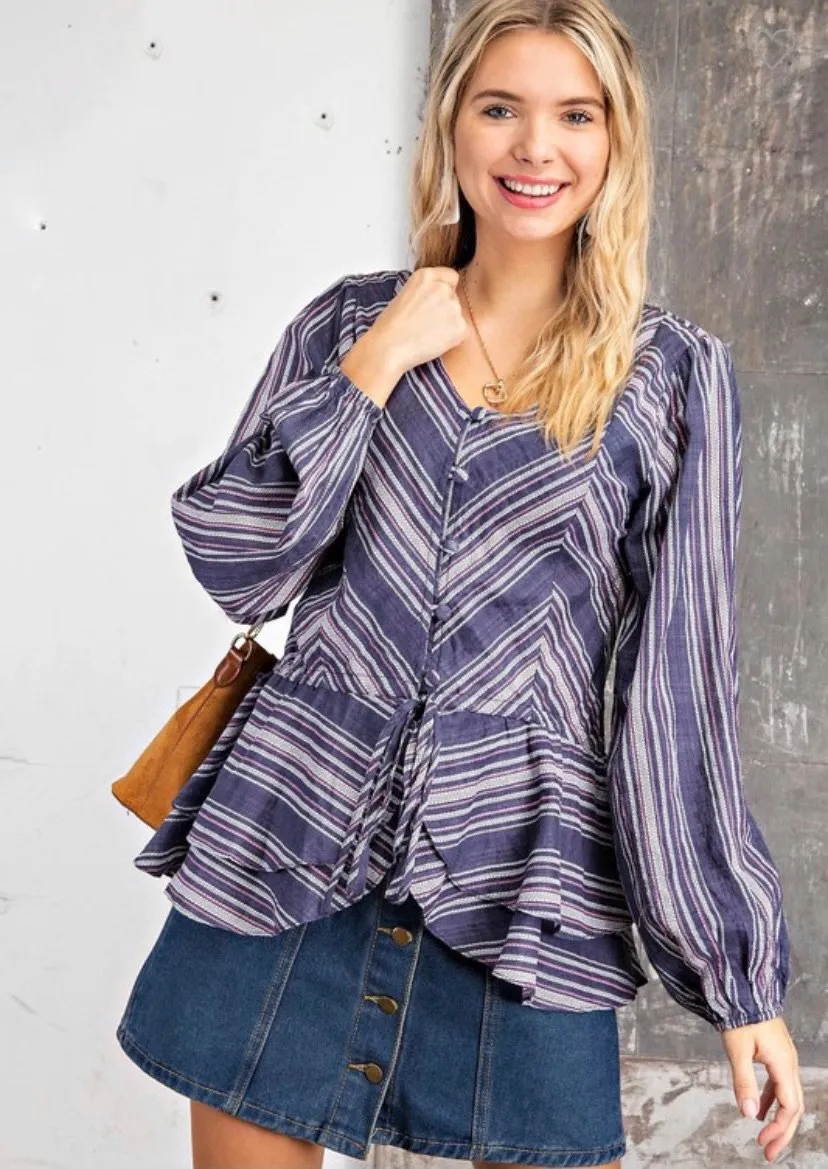 Striped Button up Peplum Blouse
