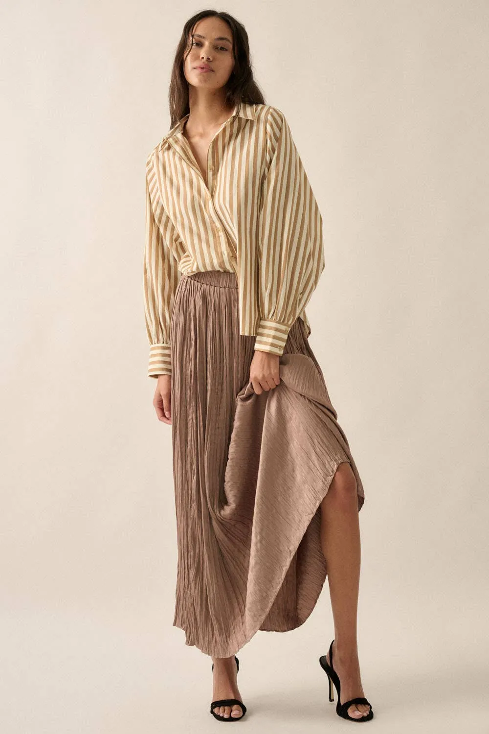 Striped Woven Dolman-Sleeve Button-Up Shirt