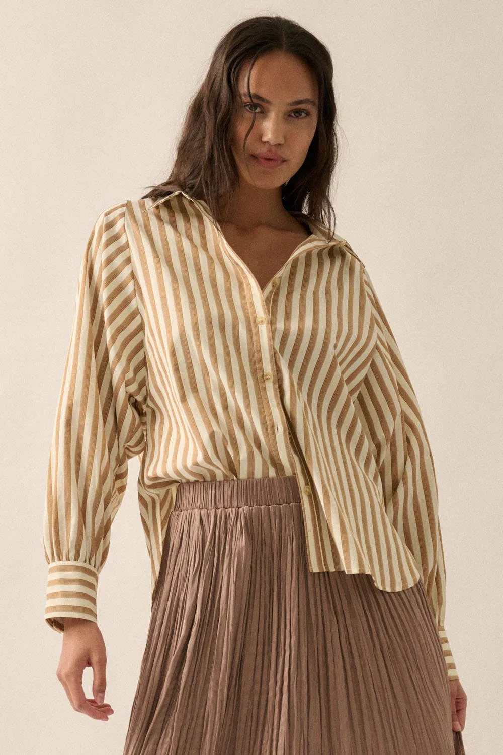 Striped Woven Dolman-Sleeve Button-Up Shirt