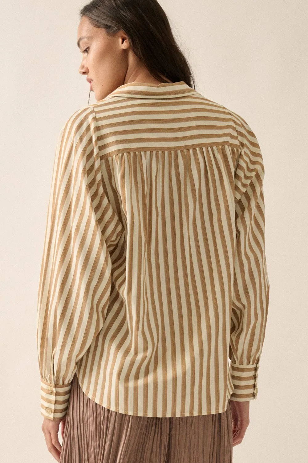 Striped Woven Dolman-Sleeve Button-Up Shirt