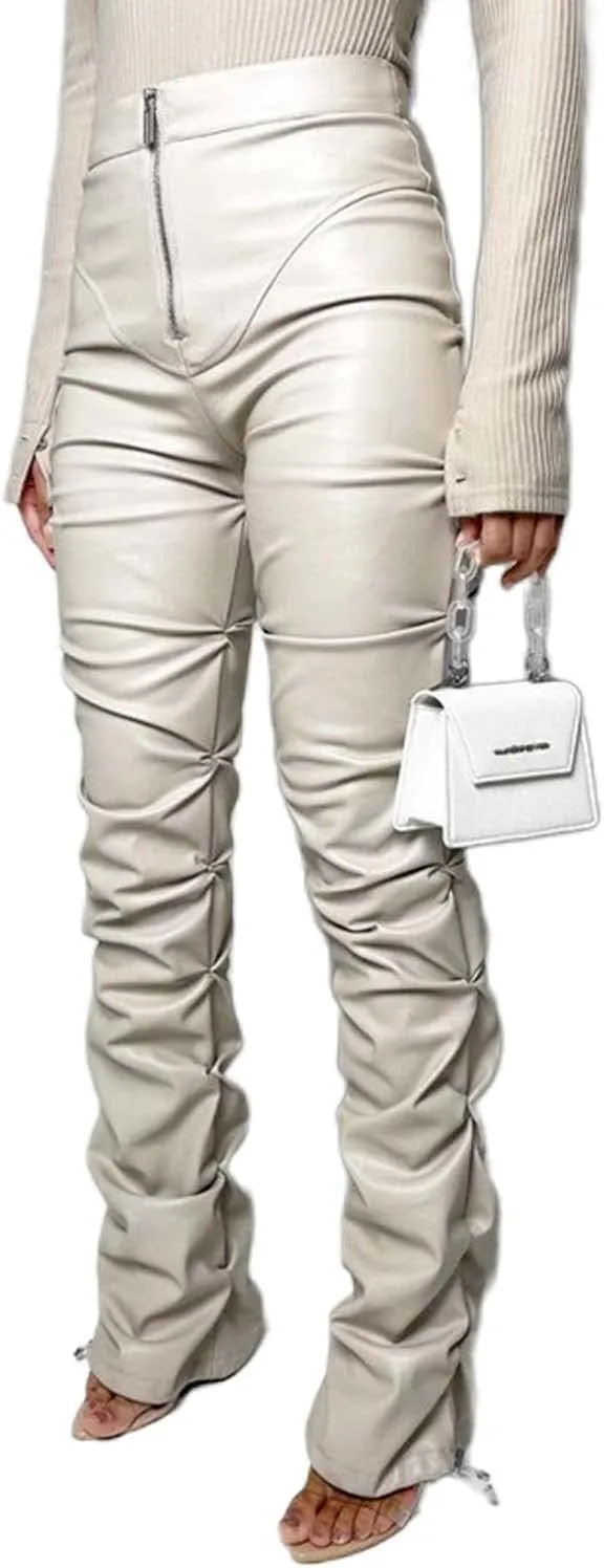 Sumleno High Waist Stacked Pants for Women Faux Leather Ruffle Ruched Leggings Y2k Black Pleated Sexy Aesthetic Streetwear