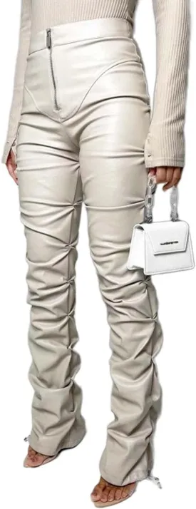 Sumleno High Waist Stacked Pants for Women Faux Leather Ruffle Ruched Leggings Y2k Black Pleated Sexy Aesthetic Streetwear