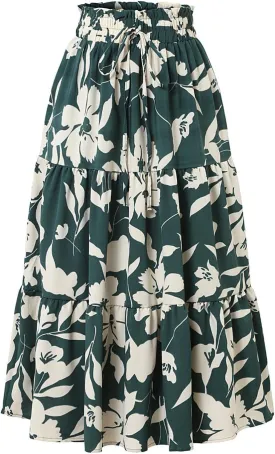 Summer Midi Skirts for Women Fashion Floral Print Elastic High Waist Ruffle Hem Skirt Casual Flowy Color Block Skirt