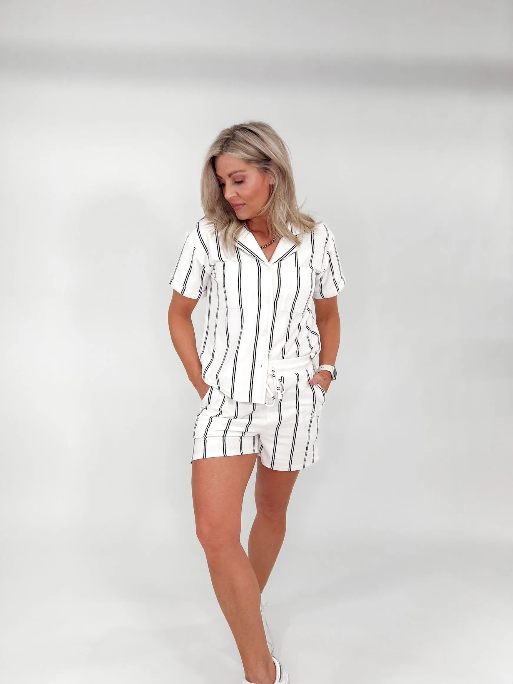Tammie Striped Button Up Shirt, Black/White
