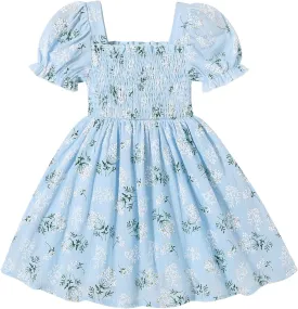 Toddler Baby Girl Summer Square Neck Floral Dress Bubble Short Sleeve Ruffle Smocked Sundress