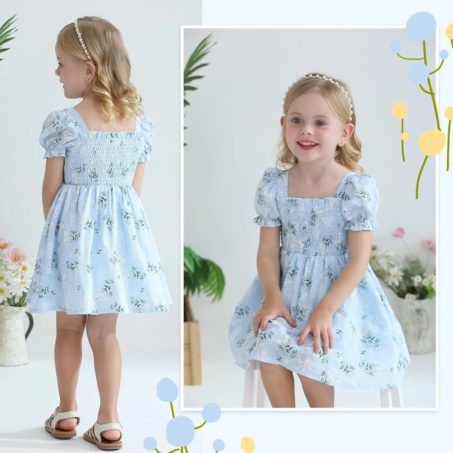 Toddler Baby Girl Summer Square Neck Floral Dress Bubble Short Sleeve Ruffle Smocked Sundress