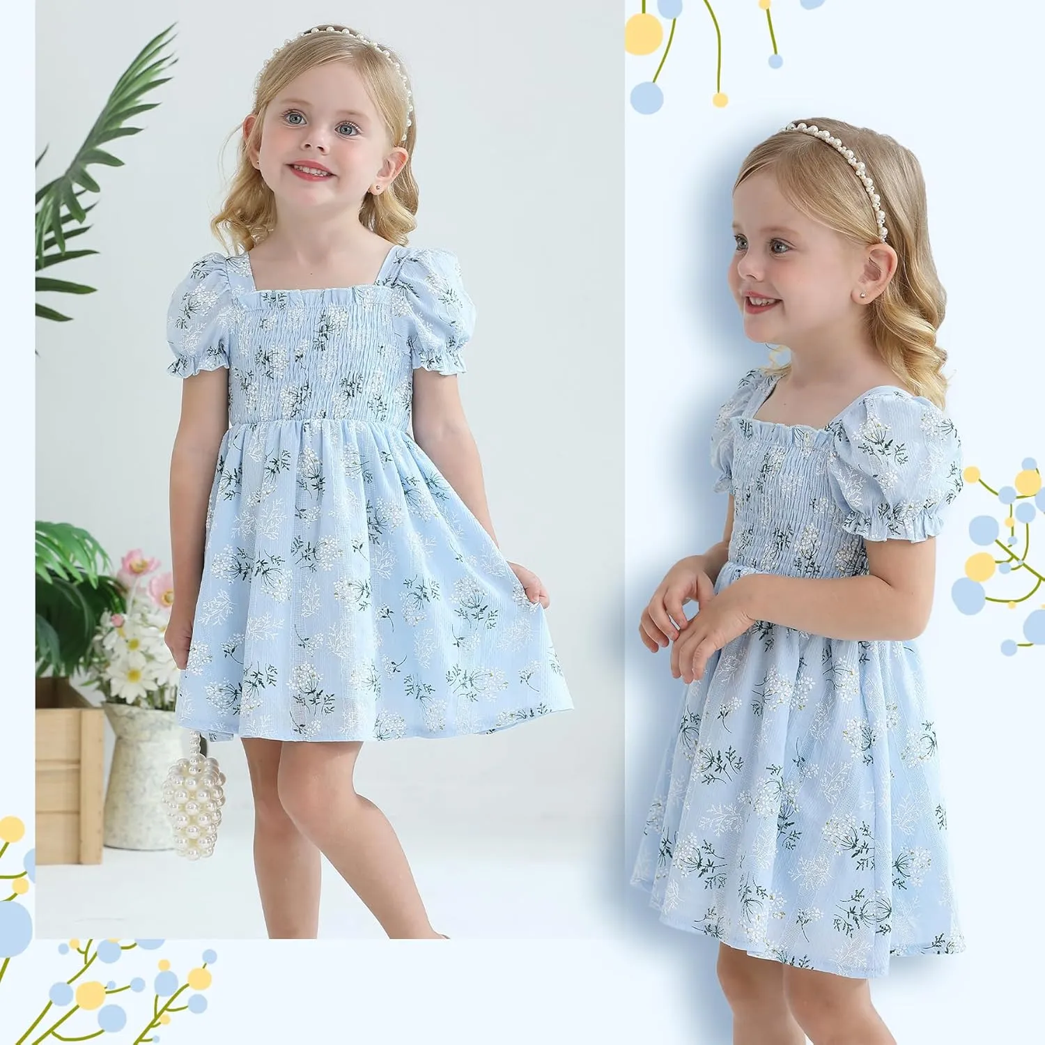 Toddler Baby Girl Summer Square Neck Floral Dress Bubble Short Sleeve Ruffle Smocked Sundress