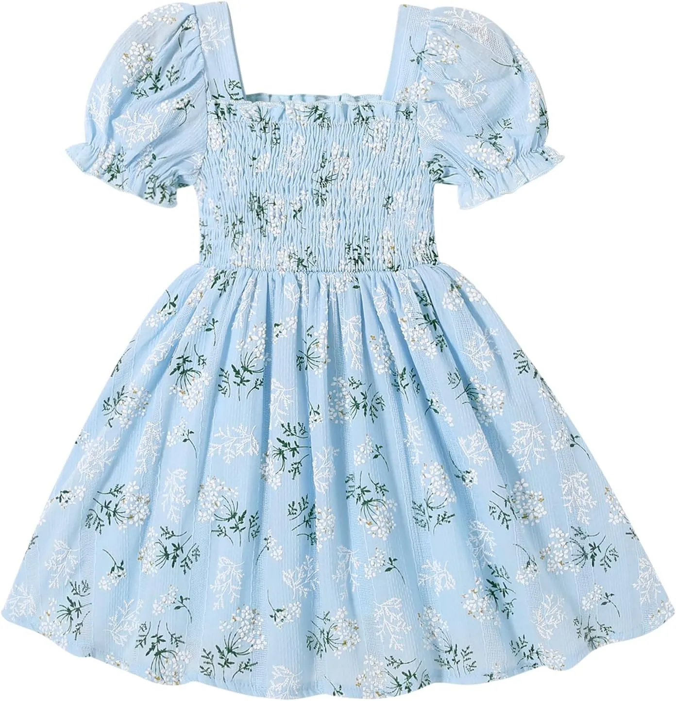 Toddler Baby Girl Summer Square Neck Floral Dress Bubble Short Sleeve Ruffle Smocked Sundress