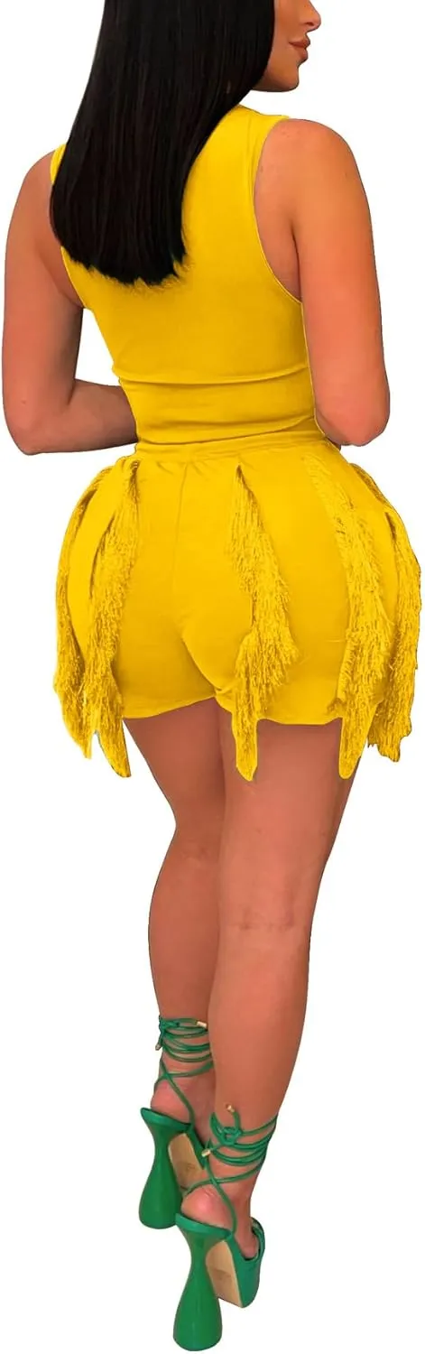 Two Piece Outfits for Women Sexy Sleeveless Sweatshirt Bodycon Fringe Tassel Shorts Pant Jumpsuit Set Clubwear
