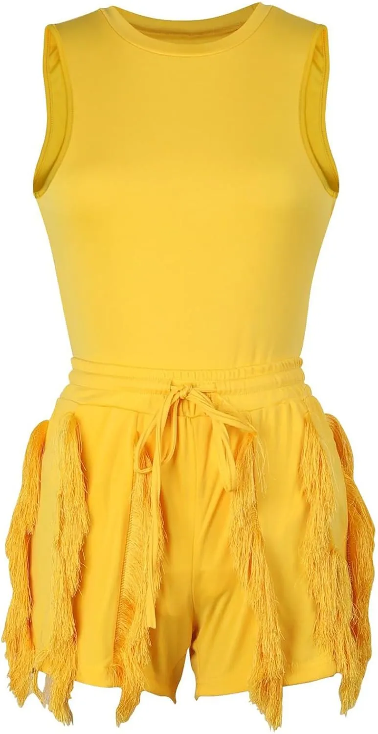 Two Piece Outfits for Women Sexy Sleeveless Sweatshirt Bodycon Fringe Tassel Shorts Pant Jumpsuit Set Clubwear