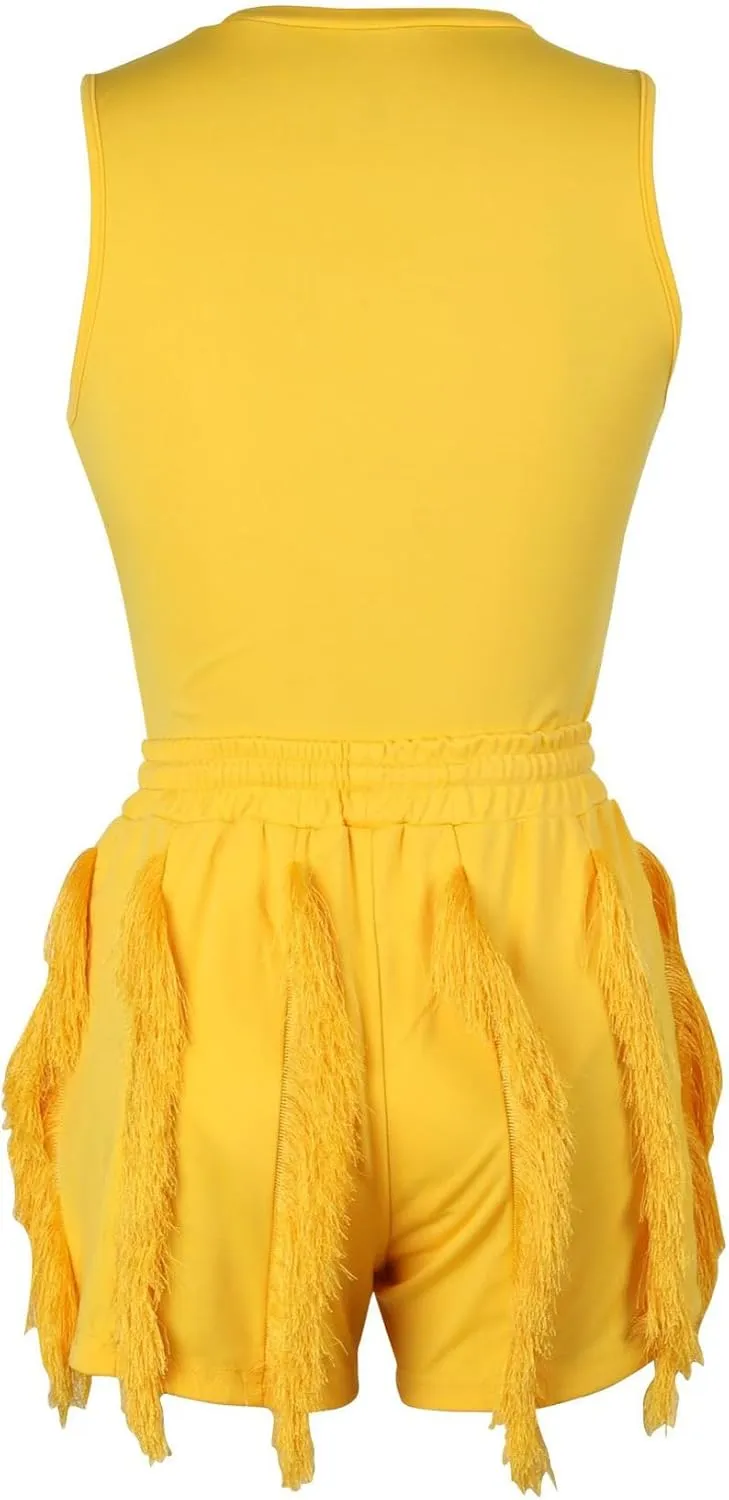 Two Piece Outfits for Women Sexy Sleeveless Sweatshirt Bodycon Fringe Tassel Shorts Pant Jumpsuit Set Clubwear