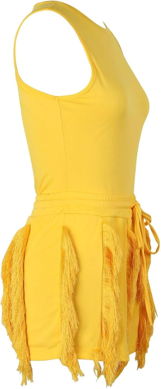 Two Piece Outfits for Women Sexy Sleeveless Sweatshirt Bodycon Fringe Tassel Shorts Pant Jumpsuit Set Clubwear
