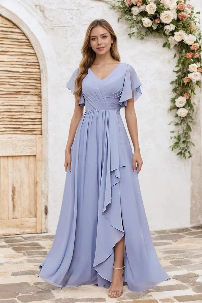 V Neck Long Bridesmaid Dresses for Wedding Ruffled Chiffon Evening Formal Gown with Slit