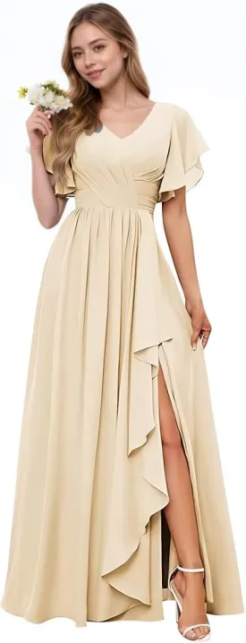 V Neck Long Bridesmaid Dresses for Wedding Ruffled Chiffon Evening Formal Gown with Slit